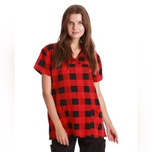 Just Love V-Neck Stretch women’s scrub Top Red - Buffalo Plaid size Large